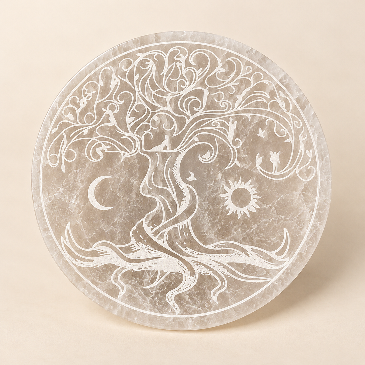 Selenite Round Tree of Life Charging Plate (15cm)