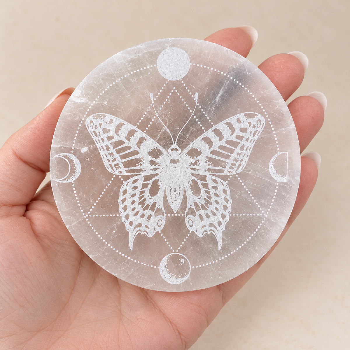 Selenite Round Moth Charging Plate (10cm)