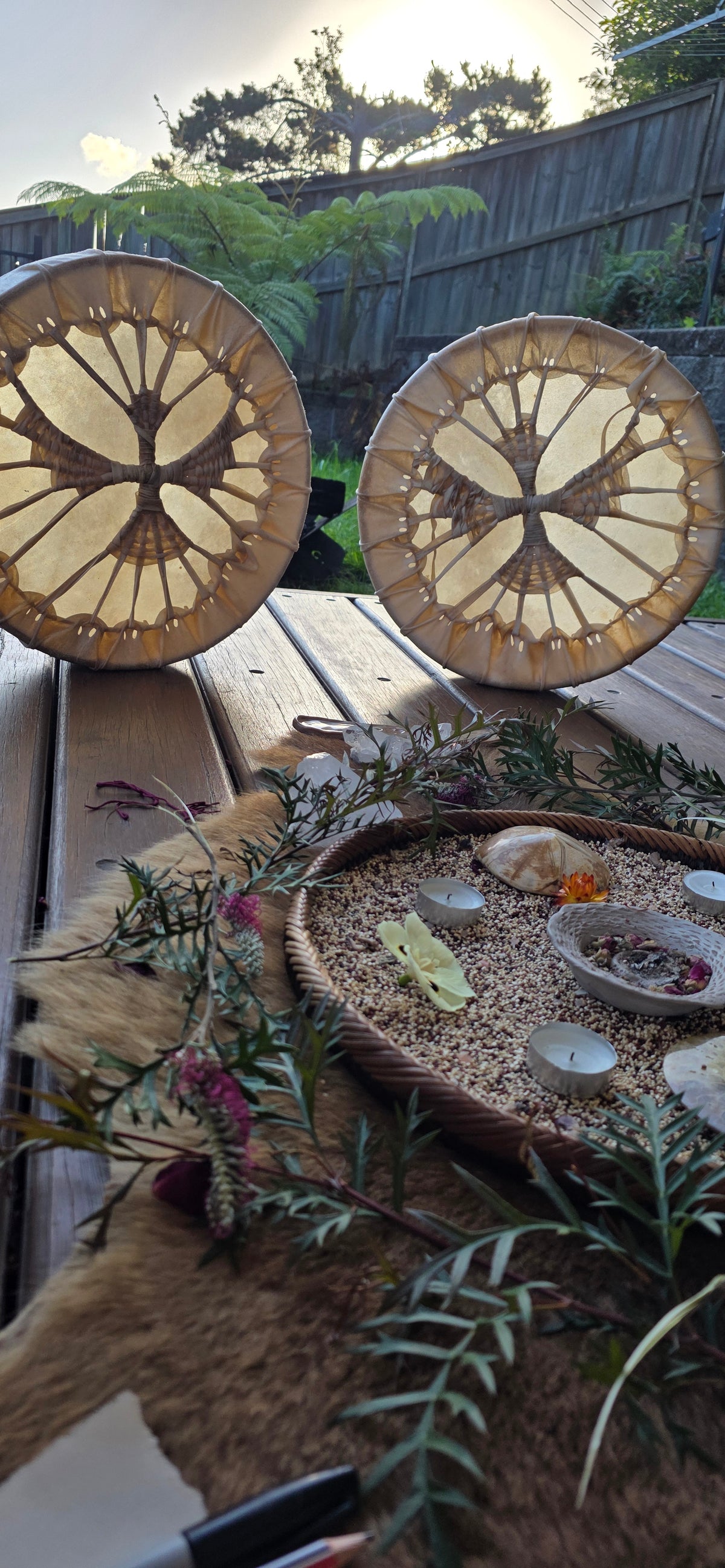 Medicine drums resting together after ceremony