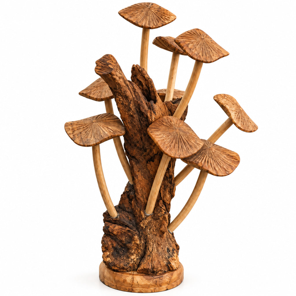 Wooden Teak Root Mushroom Carvings - Tall Log Cluster 20cm