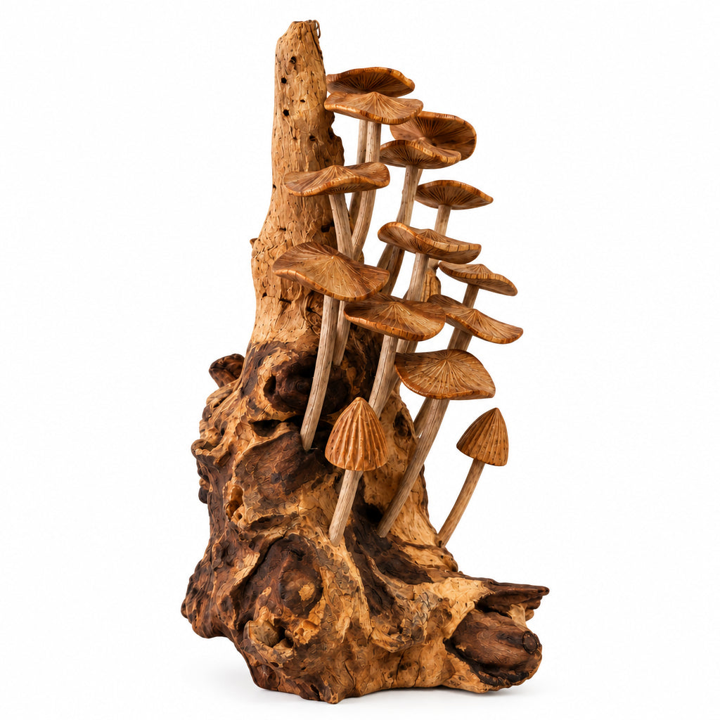 Wooden Teak Root Mushroom Carvings - Tall Log Cluster